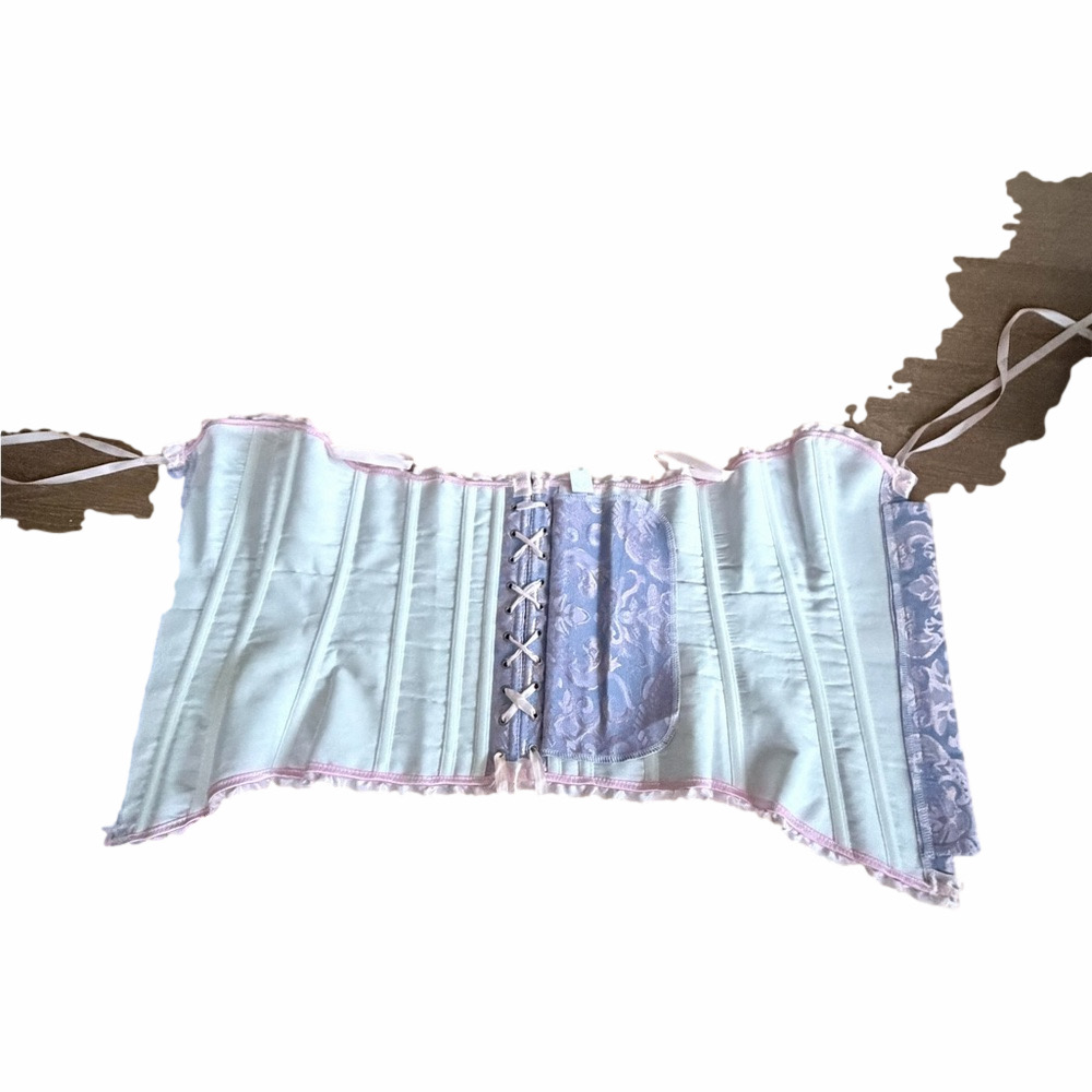 Lavender Brocade Satin Corset with Pink Trim - Picture 3 of 4